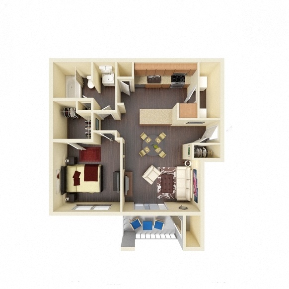 Floor plan for 1 bed, 1 bath, 638 sqft